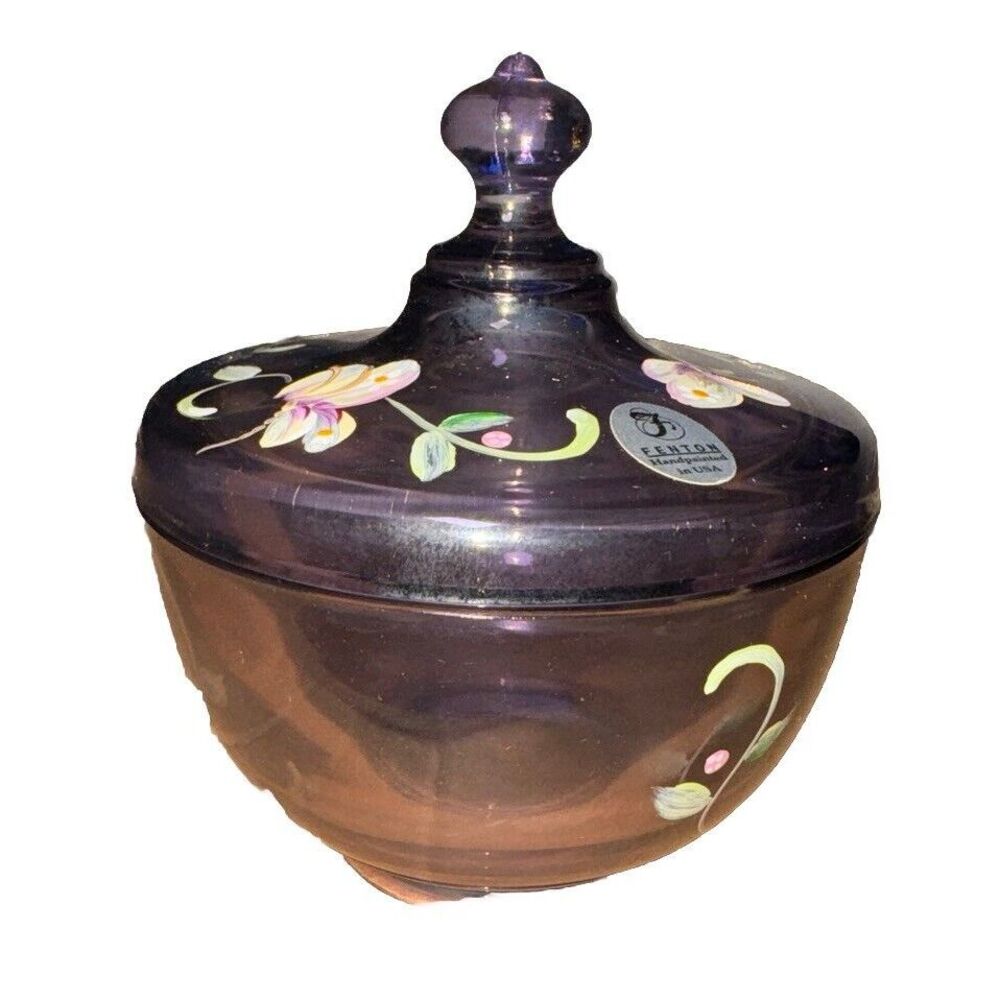 Fenton Amethyst Iridescent Hand Painted Floral Glass Lidded Candy Dish G Louise - Picture 3 of 7